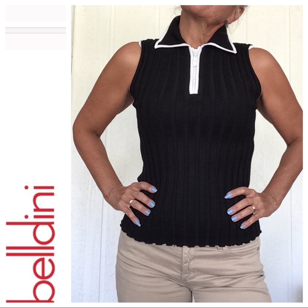 BELLDINI BLACK RIB KNIT SLEEVELESS RHINESTONE ZIPPER SWEATER SMALL